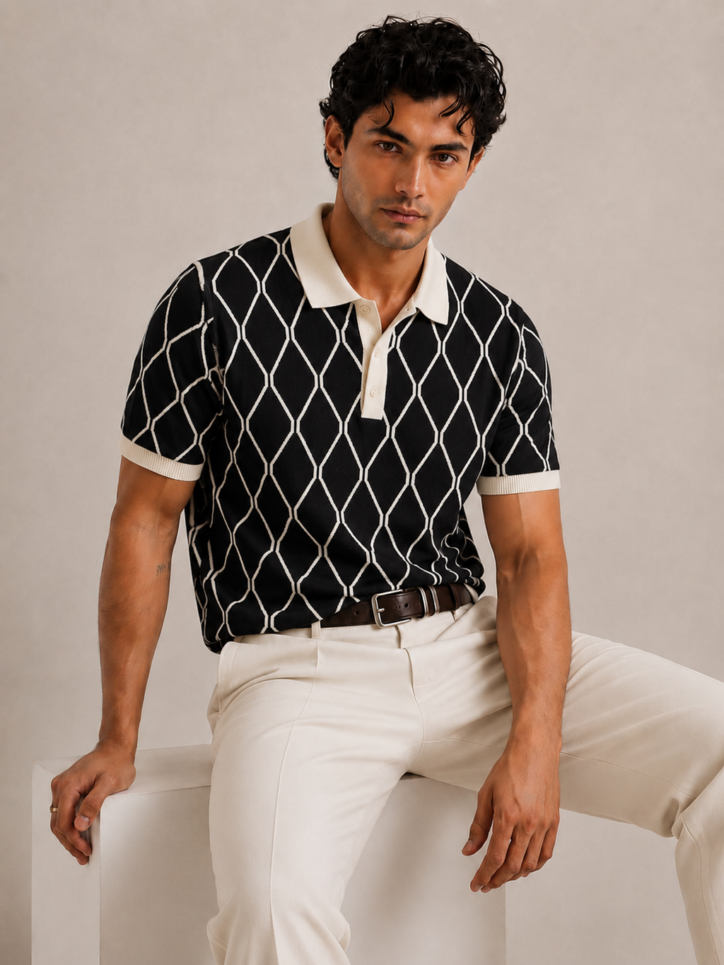 Black Cream Diamond Knit Polo by BEZOKE