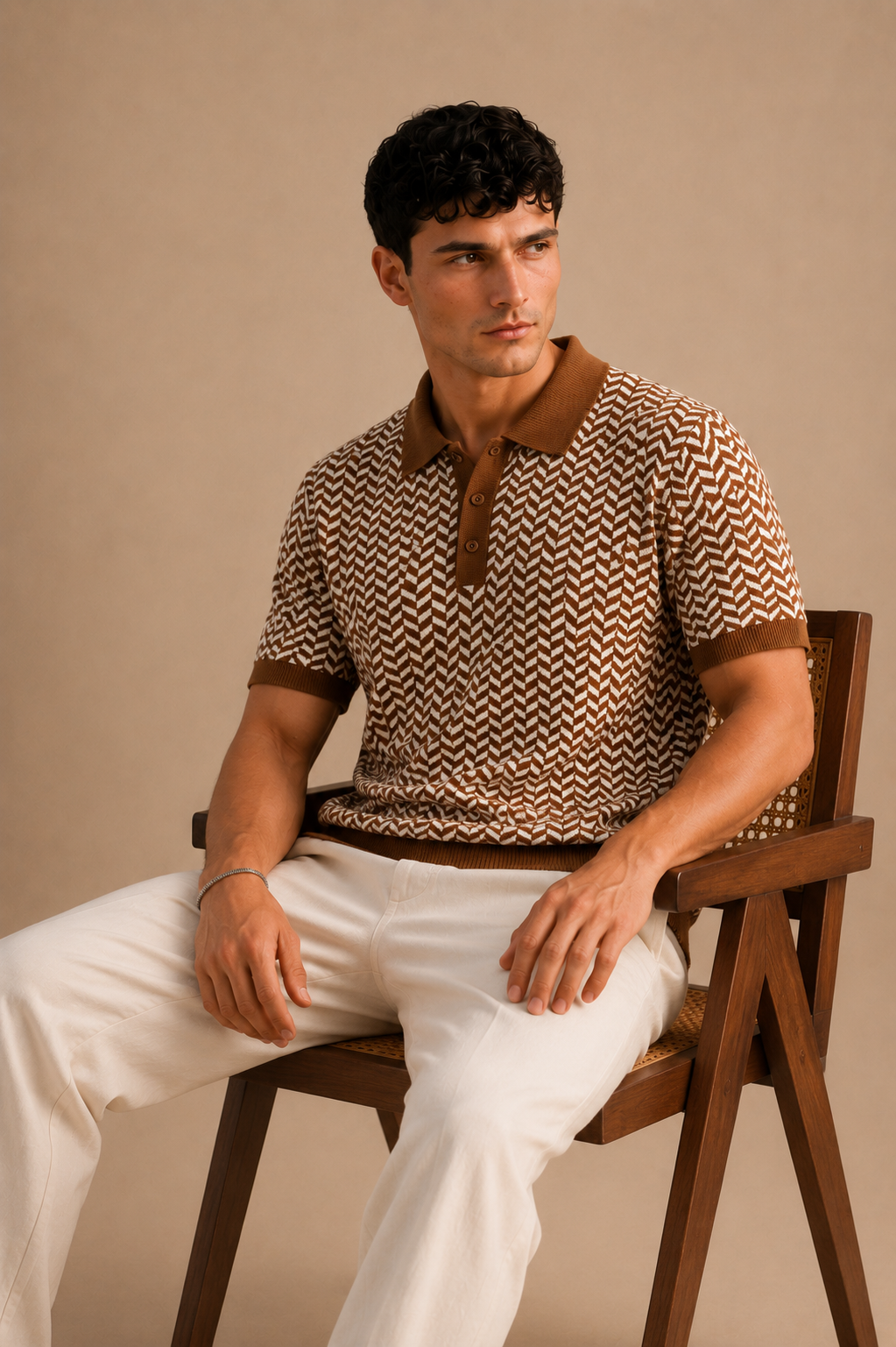 Brown Herringbone Knit Polo by BEZOKE