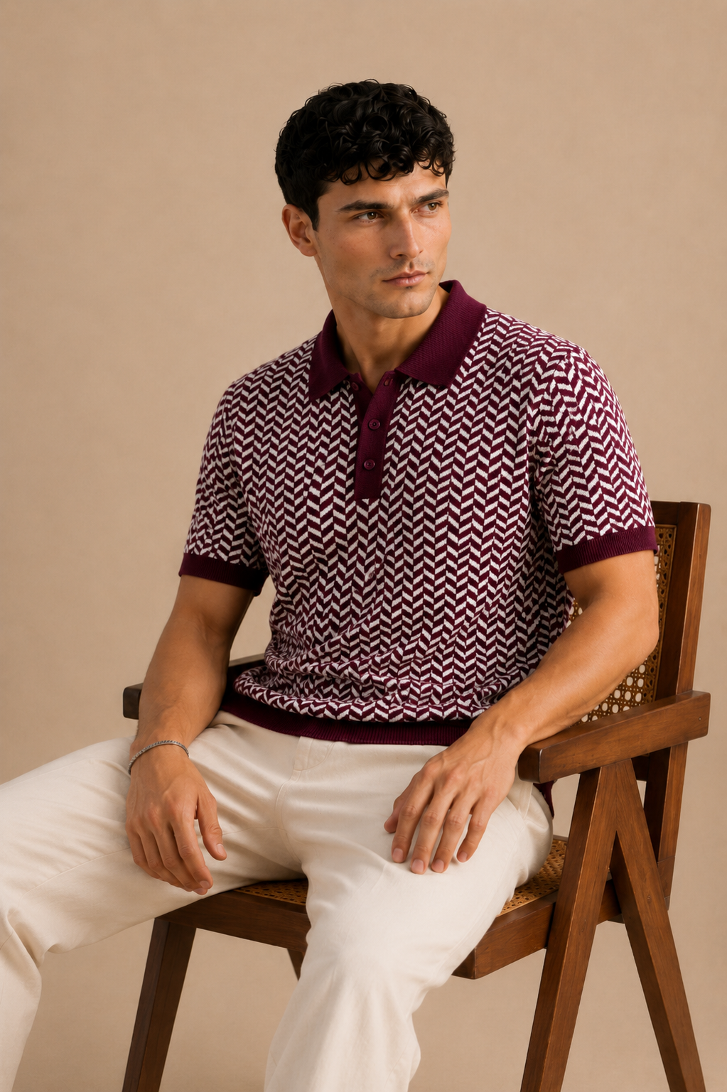 Burgundy Cream Herringbone Knit Polo by BEZOKE - Seated view