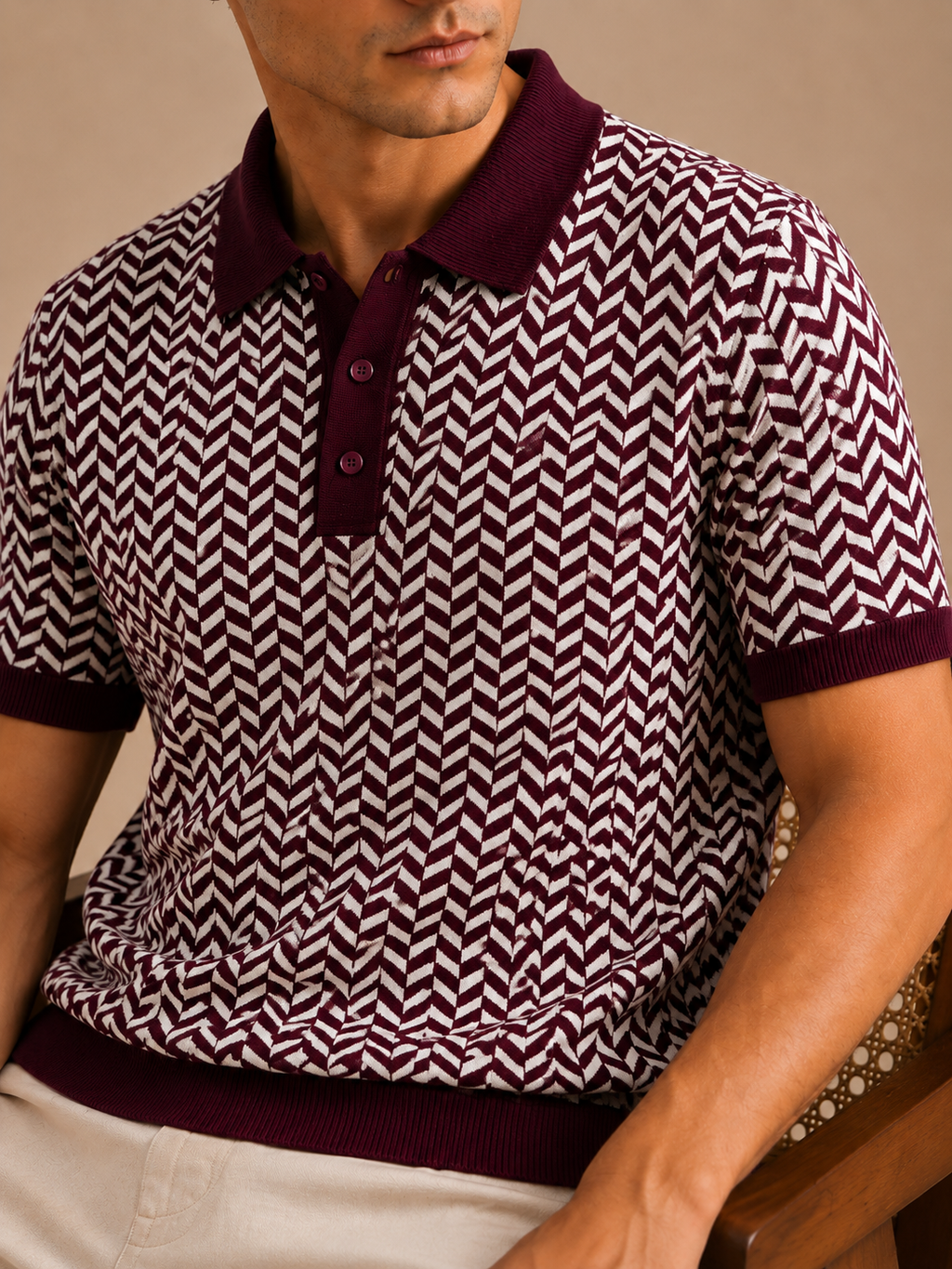 Burgundy Cream Herringbone Knit Polo by BEZOKE - Detail close-up
