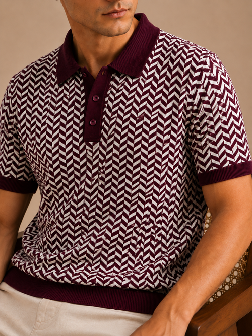 Burgundy Cream Herringbone Knit Polo by BEZOKE - Detail close-up