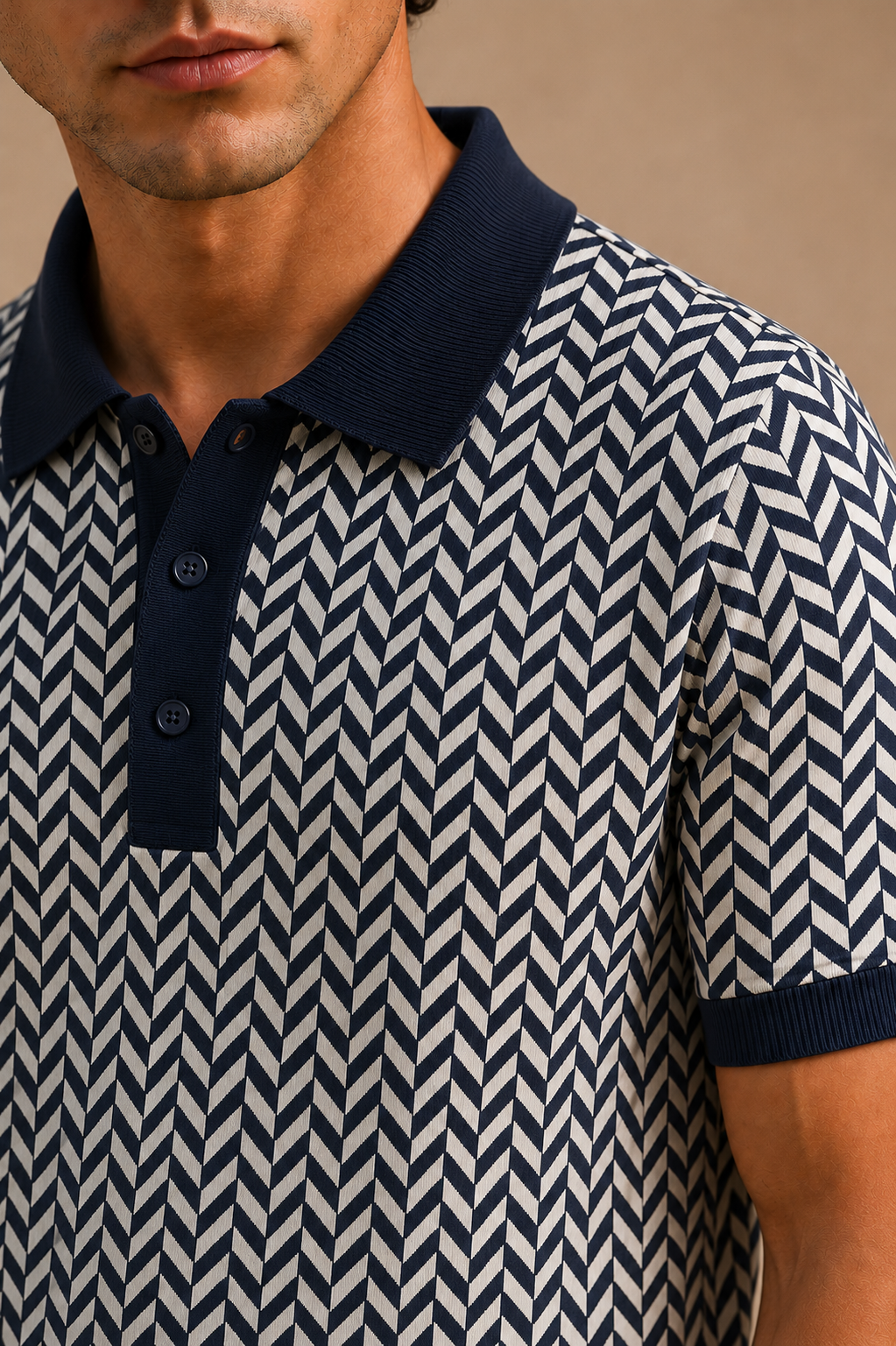 Navy White Herringbone Knit Polo by BEZOKE - Detail close-up