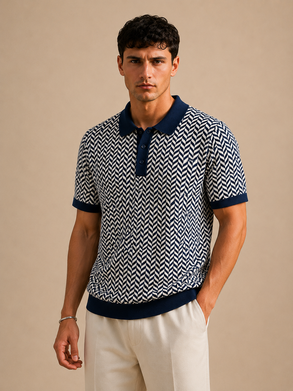 Navy White Herringbone Knit Polo by BEZOKE - Standing view