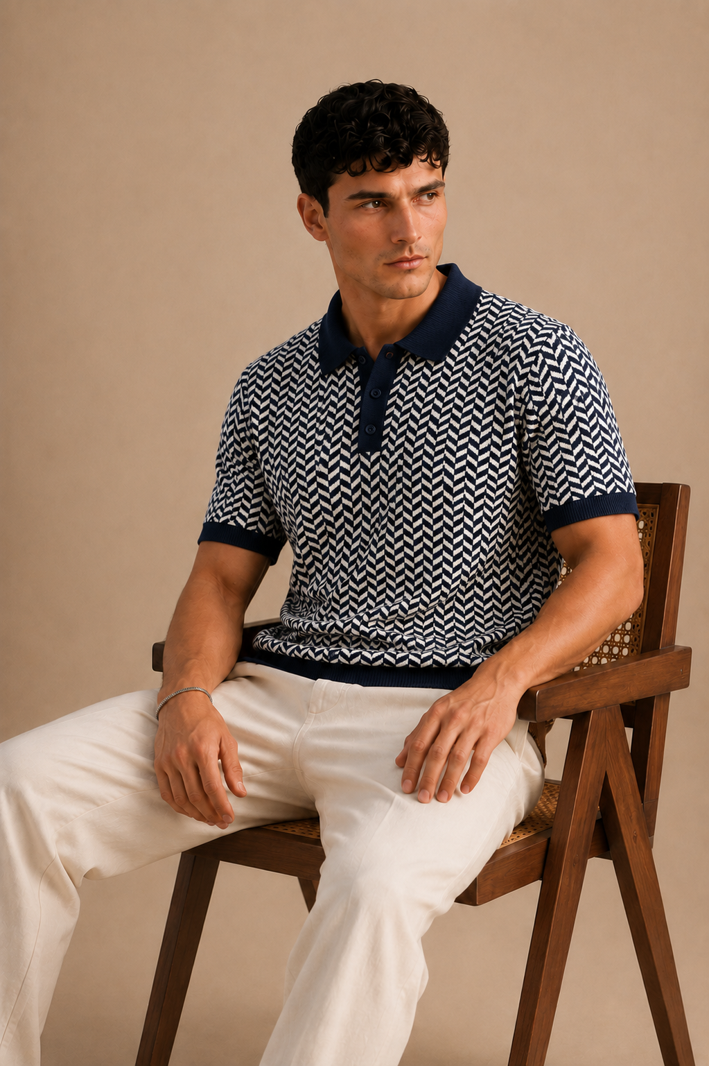 Navy White Herringbone Knit Polo by BEZOKE - Seated view