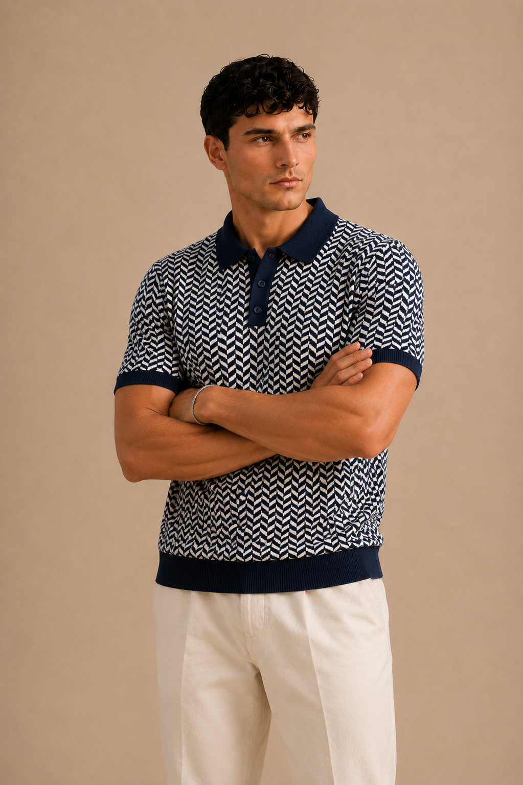 Navy White Herringbone Knit Polo by BEZOKE - Arms crossed view