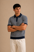 Navy White Herringbone Knit Polo by BEZOKE - Arms crossed view