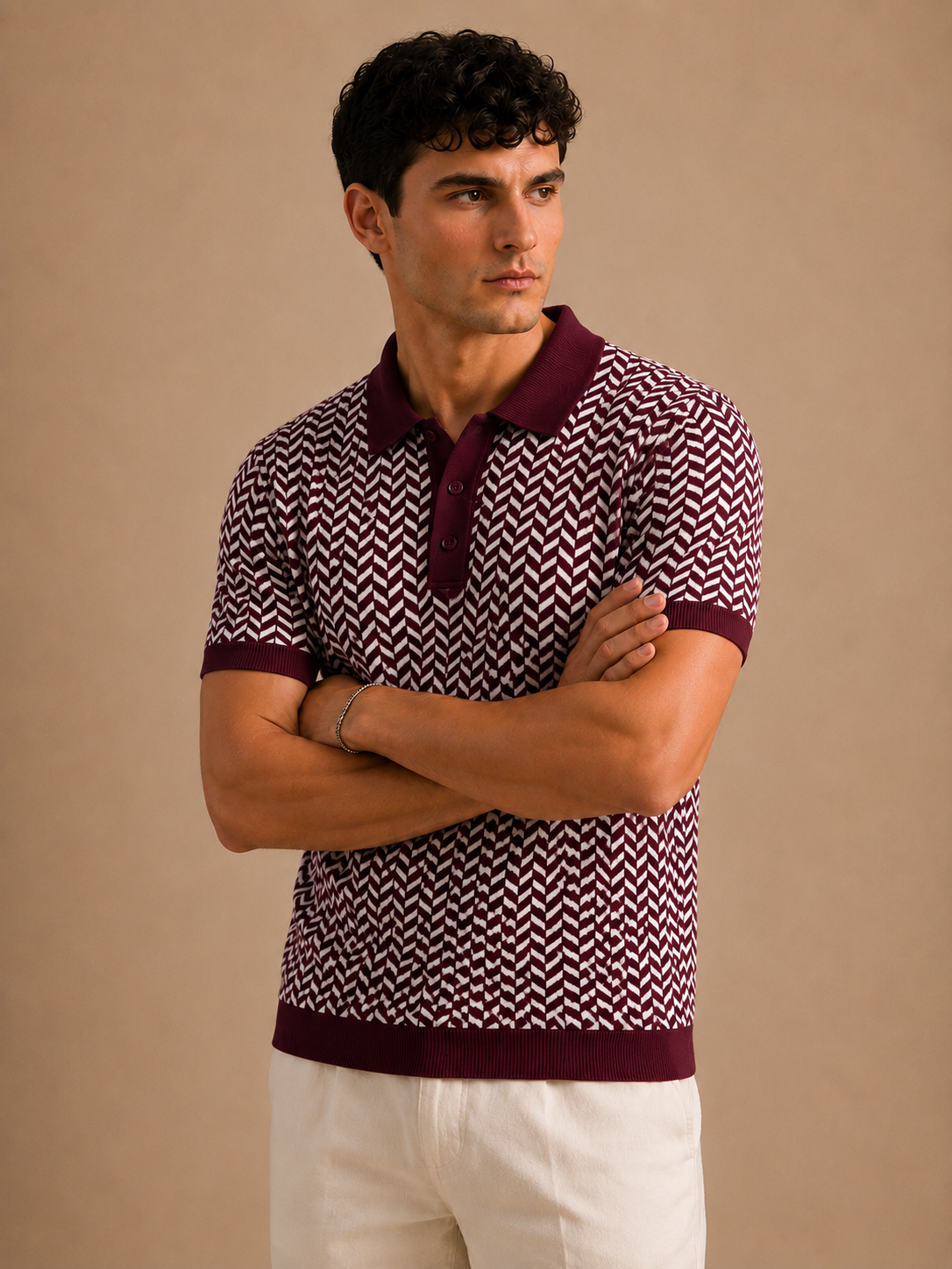 Burgundy Cream Herringbone Knit Polo by BEZOKE - Arms crossed view