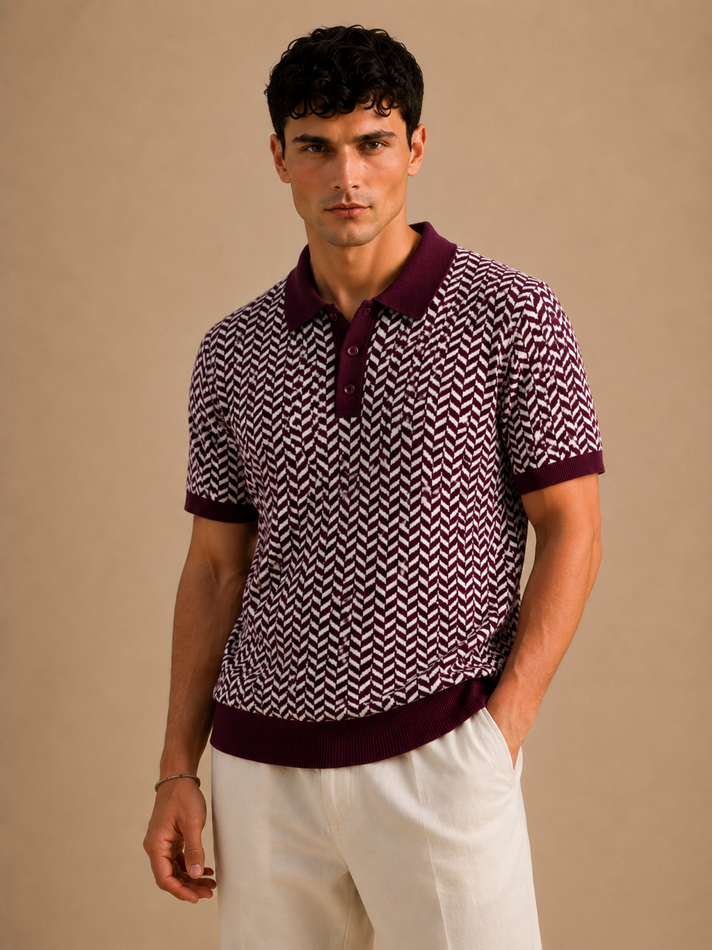 Burgundy Cream Herringbone Knit Polo by BEZOKE - Front view