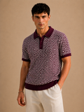 Burgundy Cream Herringbone Knit Polo by BEZOKE - Front view