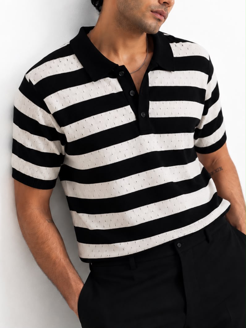 AIR KNIT STRIPED BLACK POLO