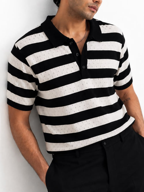 AIR KNIT STRIPED BLACK POLO