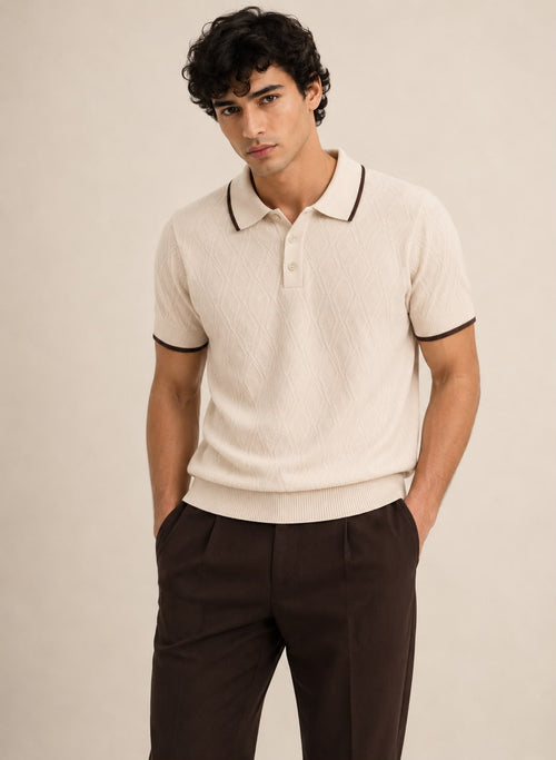 BEZOKE Air Knit Tipped Polo in Cream – front view