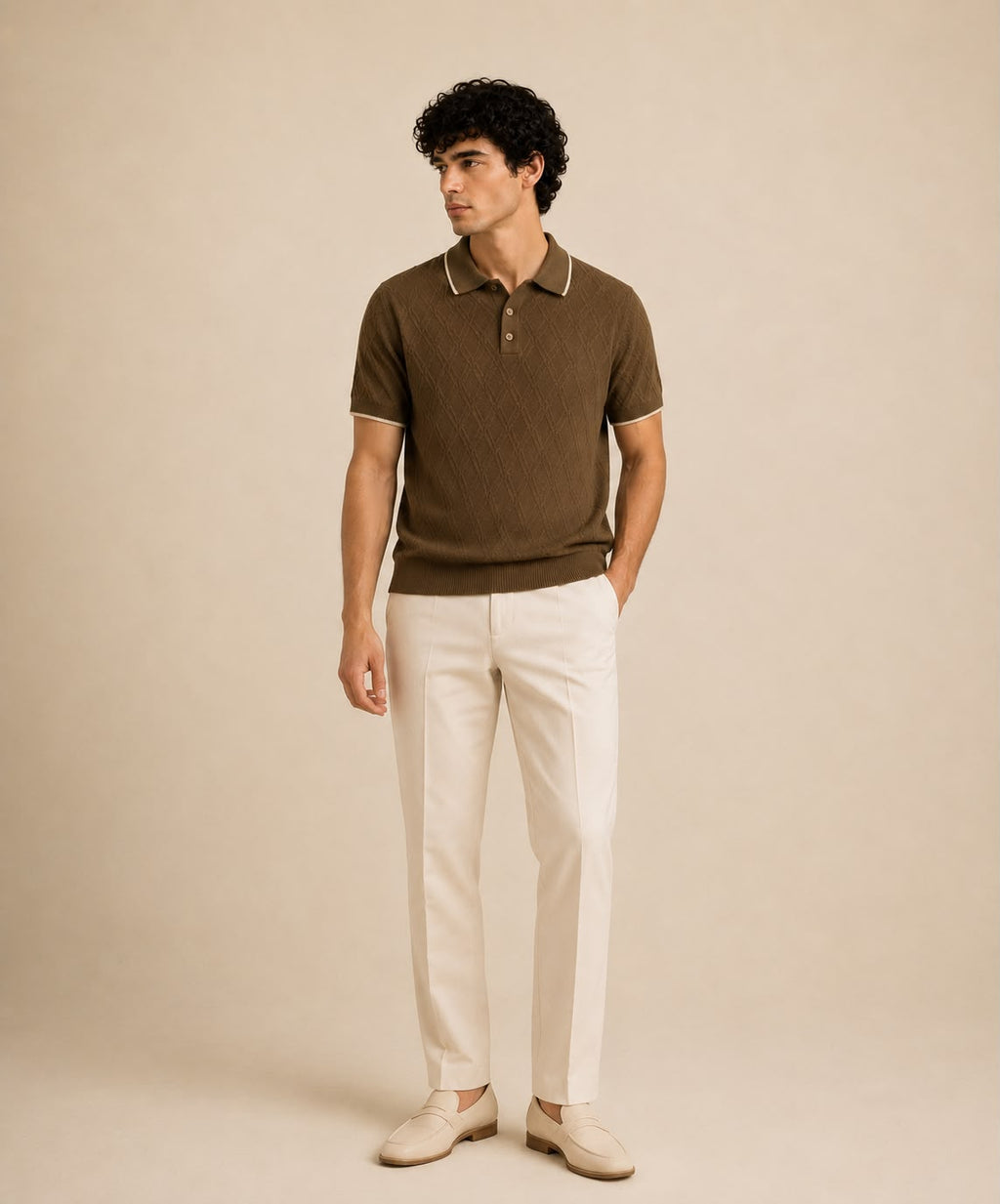 BEZOKE Air Knit Tipped Polo in Olive Brown – front view
