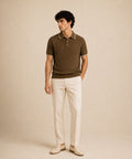 BEZOKE Air Knit Tipped Polo in Olive Brown – front view