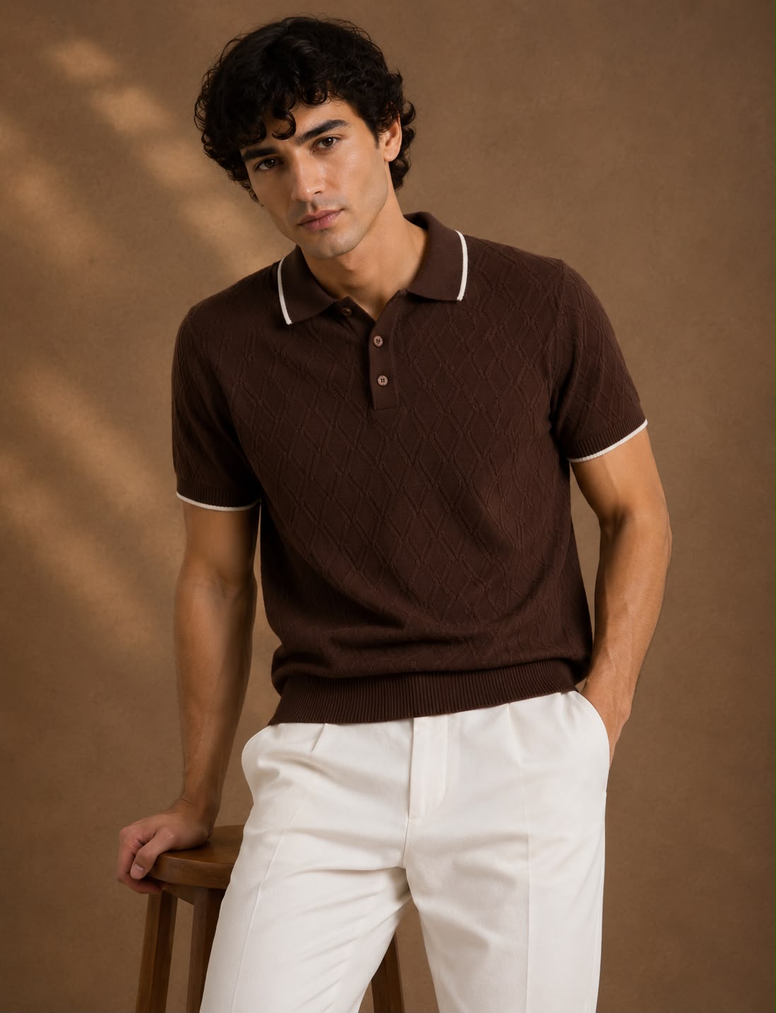 BEZOKE Air Knit Tipped Polo in Chocolate Brown – second view