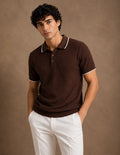 BEZOKE Brown Tipped Knit Polo — chocolate brown knit with cream contrast tipping on collar and cuffs