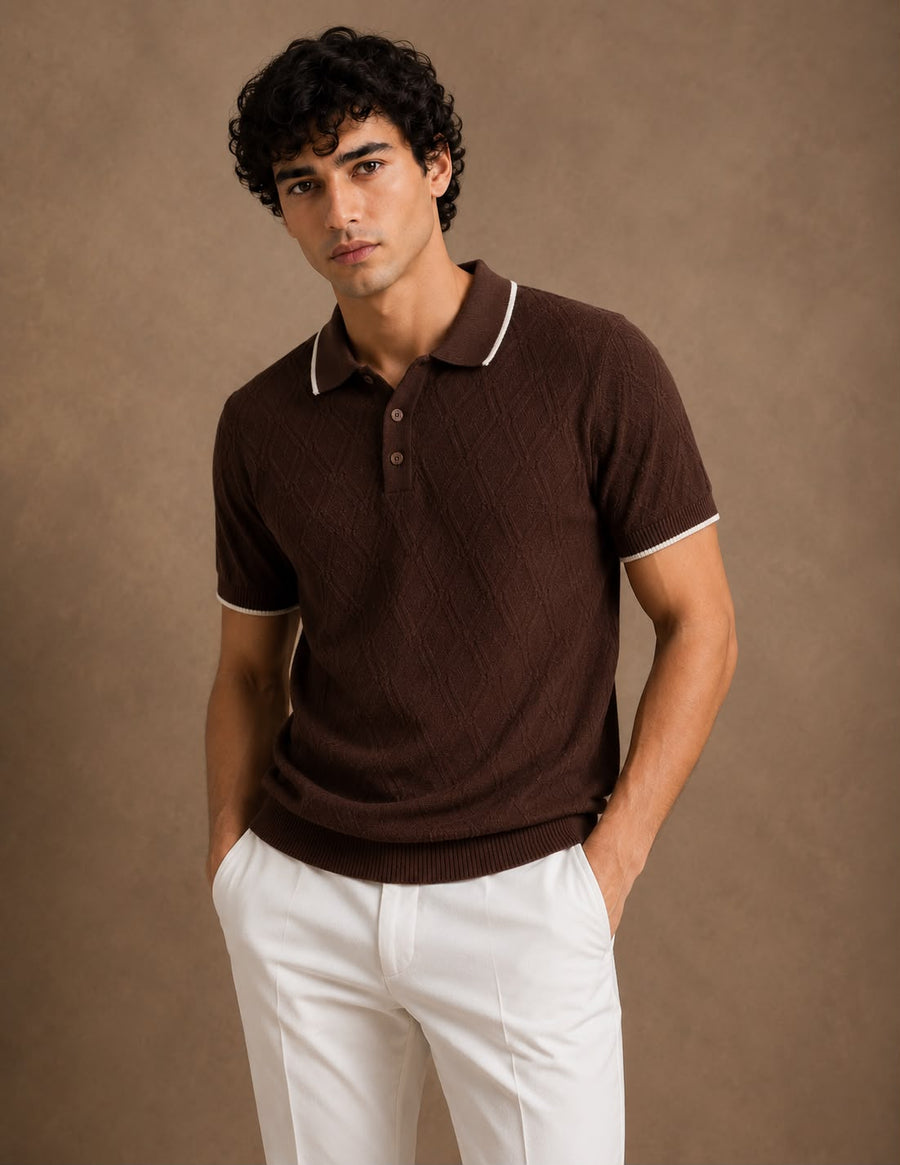 BEZOKE Brown Tipped Knit Polo — chocolate brown knit with cream contrast tipping on collar and cuffs