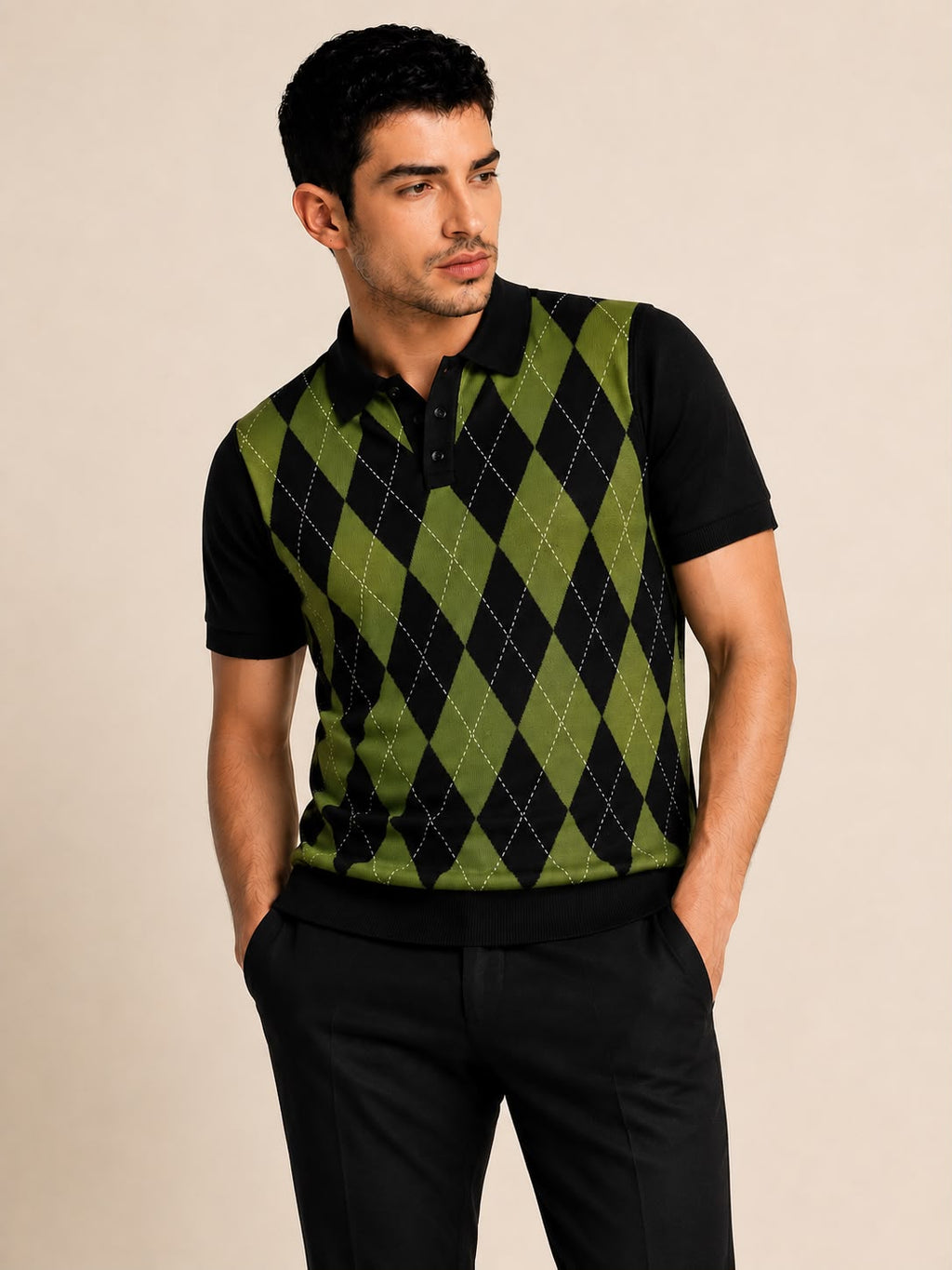 BEZOKE Green Black Argyle Knit Polo — olive green and black diamond argyle pattern with yellow-green stitch lines