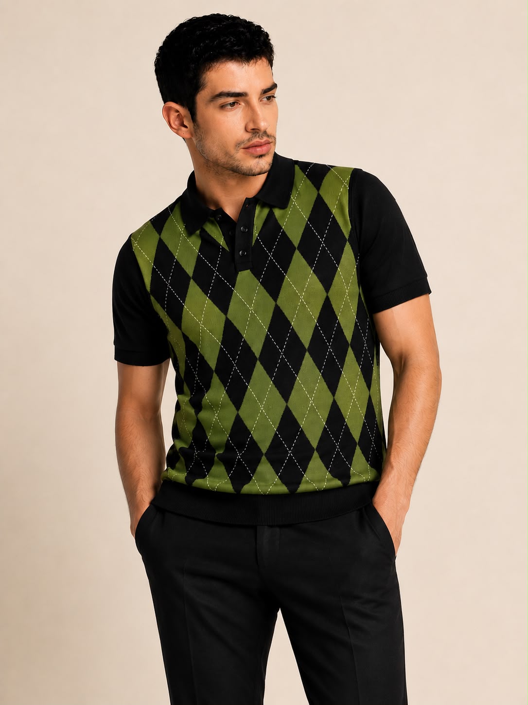 BEZOKE Green Black Argyle Knit Polo — olive green and black diamond argyle pattern with yellow-green stitch lines