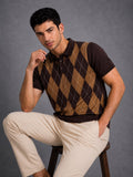 Argyle Knit Polo in brown and camel worn by male model