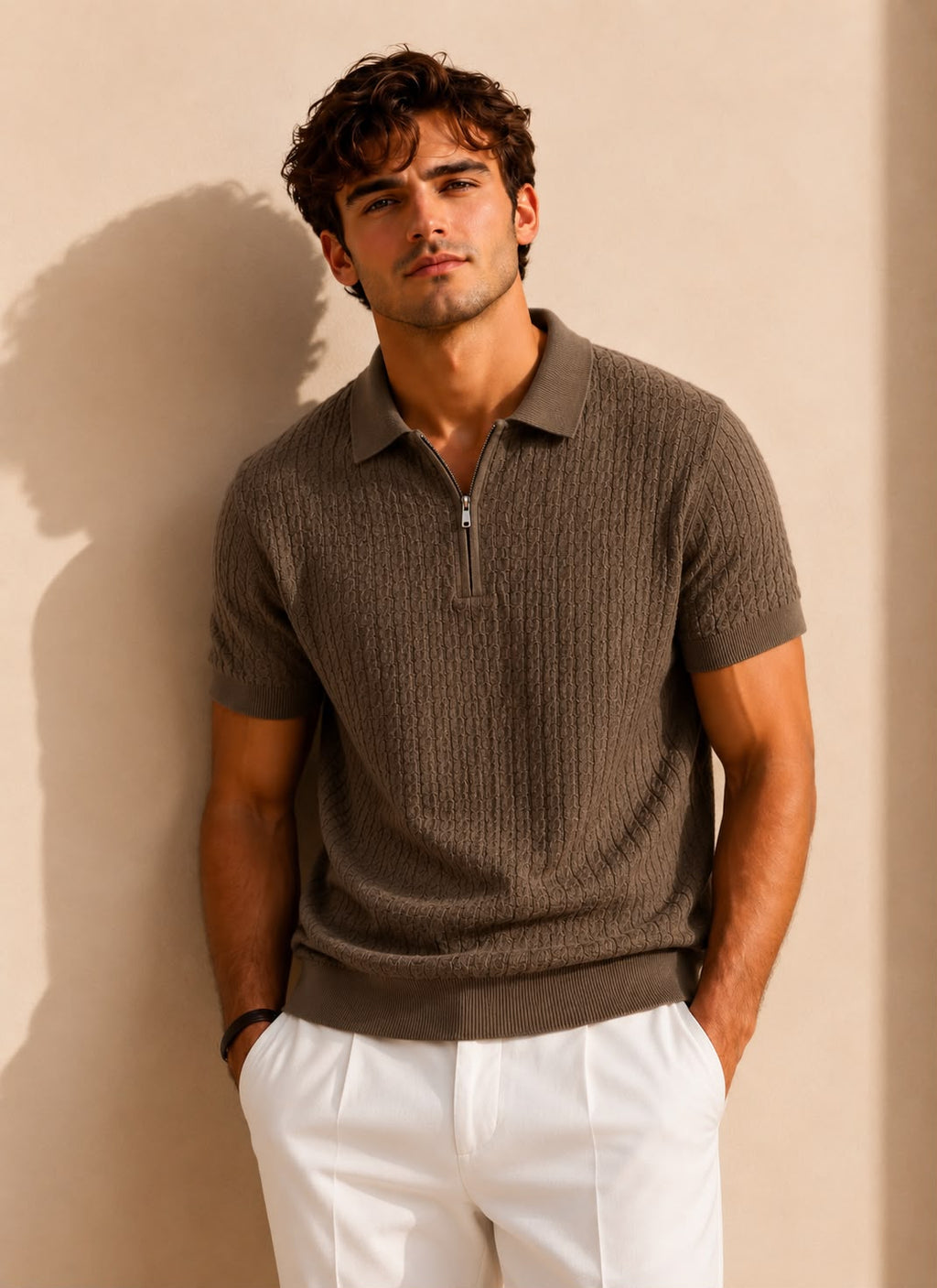 Verona Zip Olive Polo – heathered olive cable-knit polo with quarter-zip placket and ribbed hem