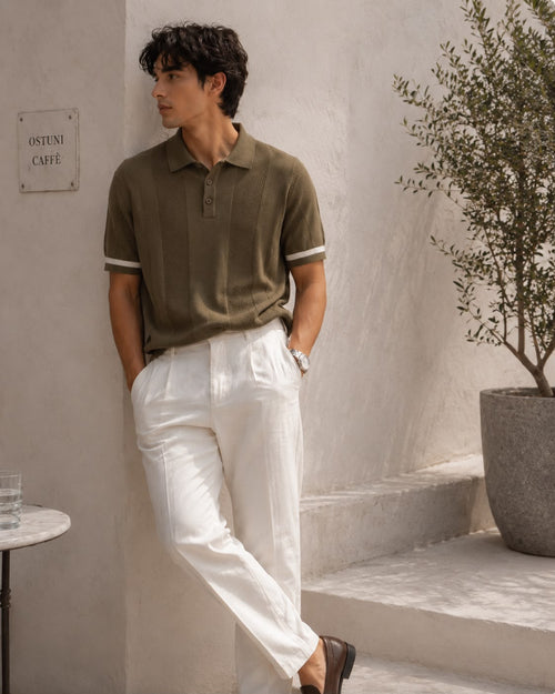 Bezoke Comfy Brown Polo – olive brown open-knit polo with contrast white cuff tipping and button placket
