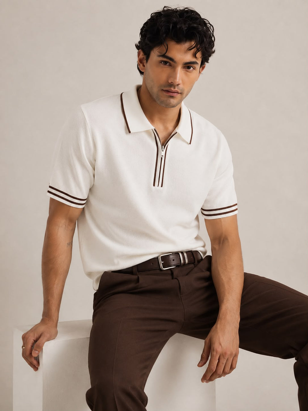 Amalfi Zip White Polo – off-white fine-knit polo with brown contrast zip and cuff detailing