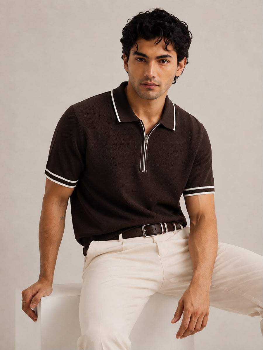 Amalfi Zip Brown Polo – espresso brown fine-knit polo with white contrast zip and cuff detailing