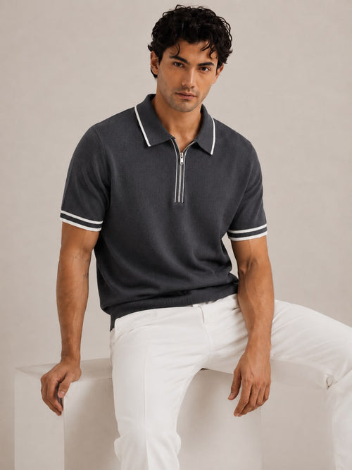 Amalfi Zip Grey Polo – charcoal grey fine-knit polo with white contrast zip and cuff detailing