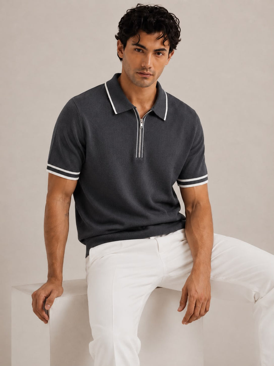 Amalfi Zip Grey Polo – charcoal grey fine-knit polo with white contrast zip and cuff detailing