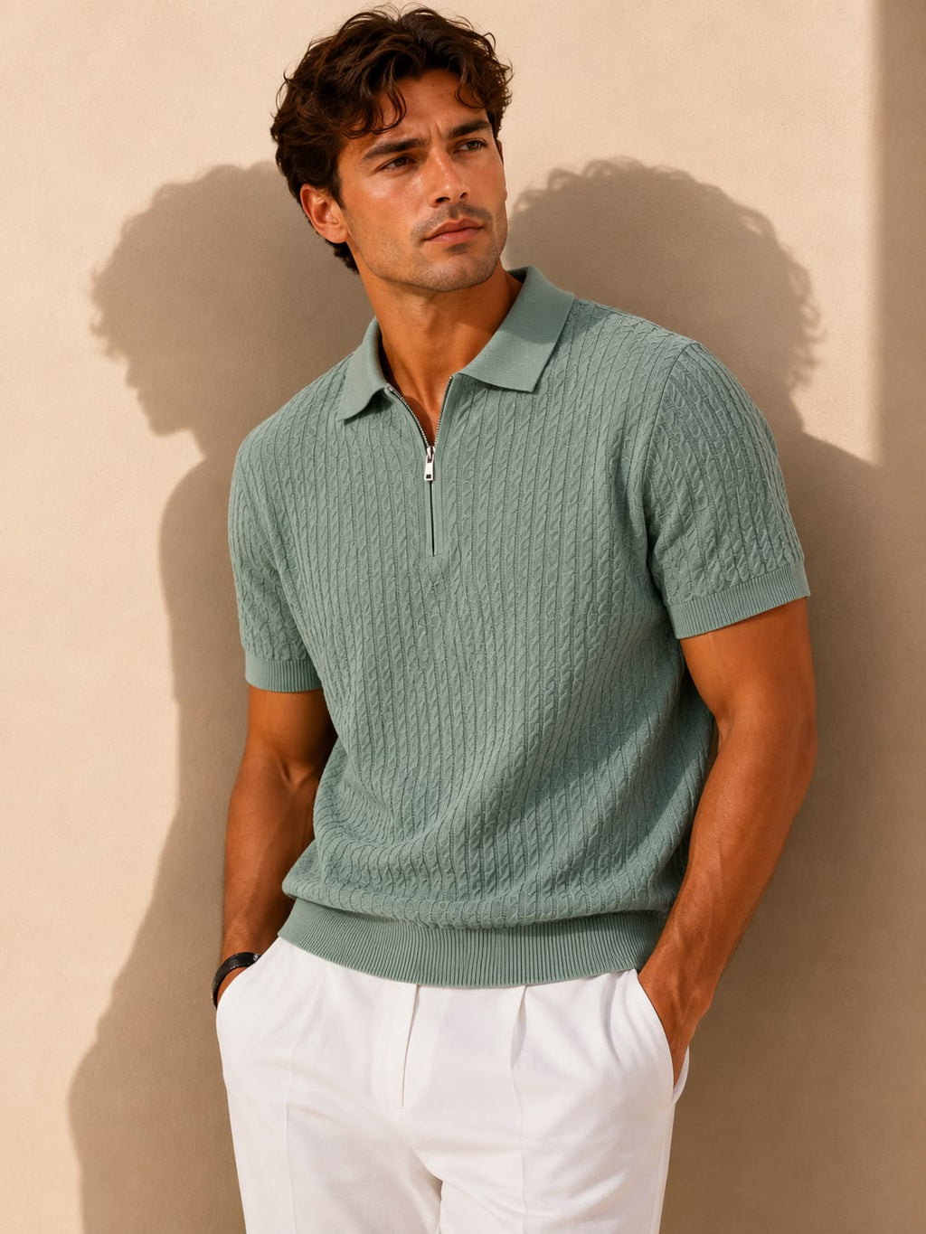 Verona Zip Teal Polo – sage teal cable-knit polo with quarter-zip placket and ribbed hem