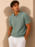 Verona Zip Teal Polo – sage teal cable-knit polo with quarter-zip placket and ribbed hem
