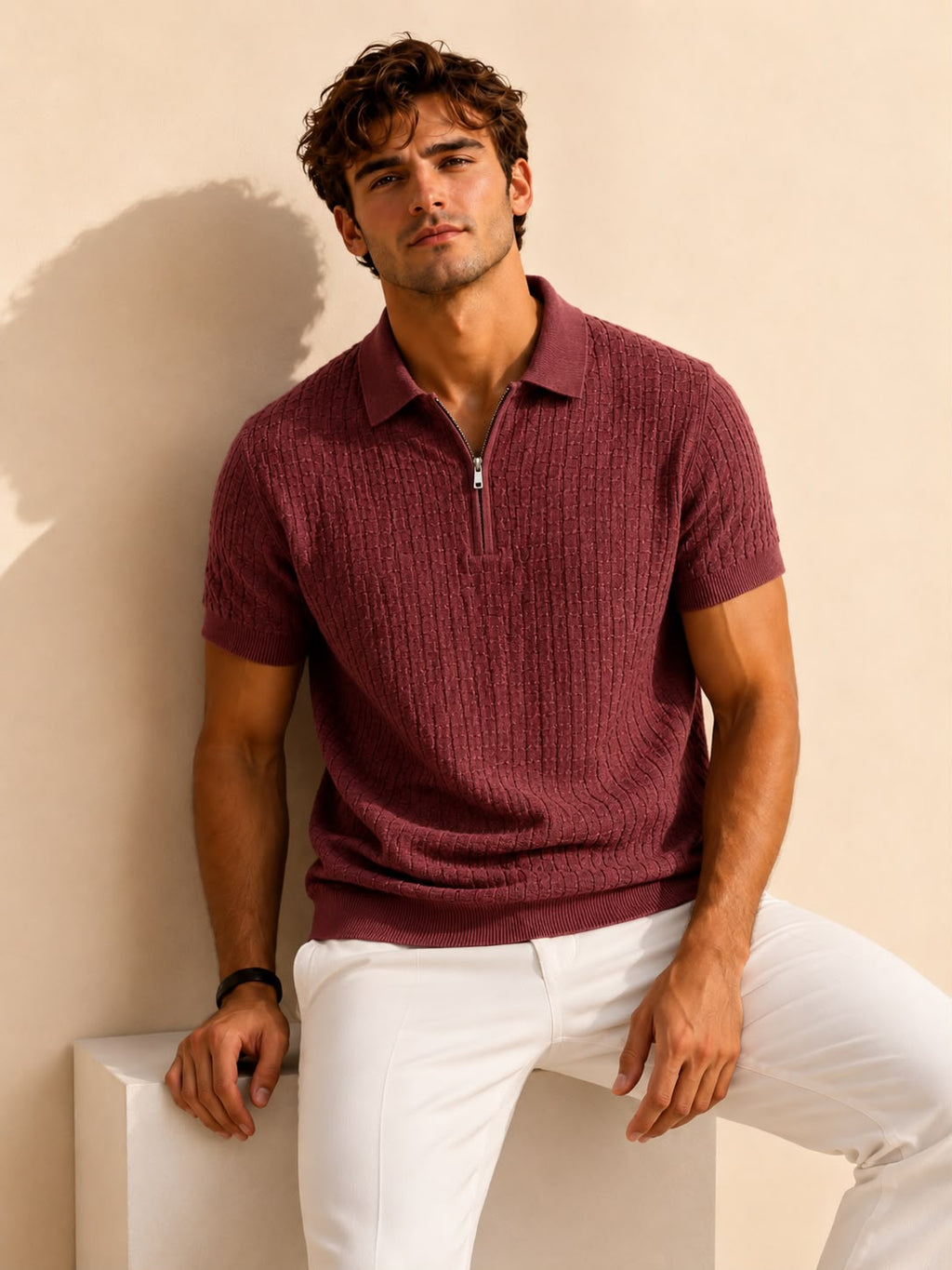 Verona Zip Burgundy Polo – heathered burgundy cable-knit polo with quarter-zip placket and ribbed hem