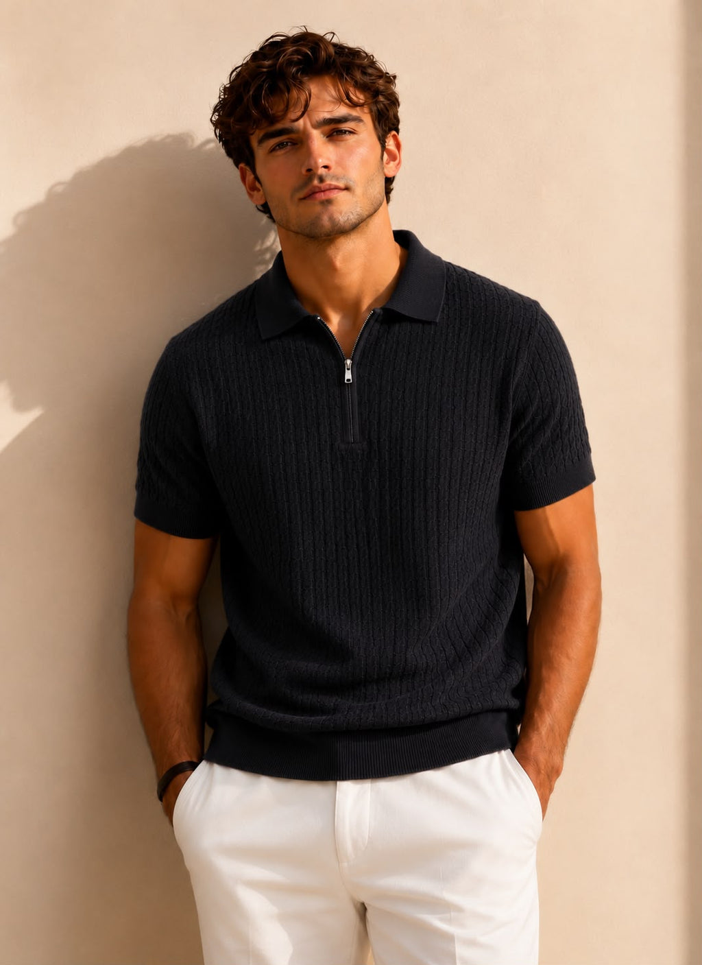 Verona Zip Navy Polo – deep navy cable-knit polo with quarter-zip placket and ribbed hem
