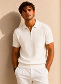 Verona Zip White Polo – off-white cable-knit polo with quarter-zip placket and ribbed hem