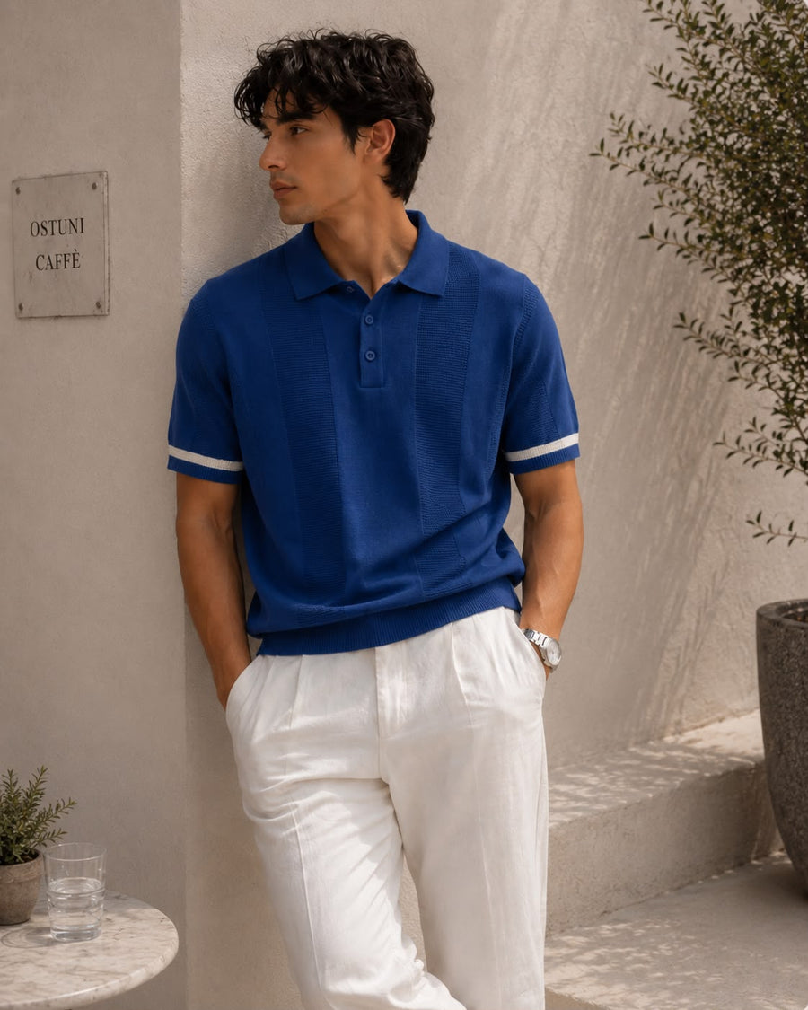 Bezoke Comfy Blue Polo – cobalt blue open-knit polo with contrast white cuff tipping and button placket