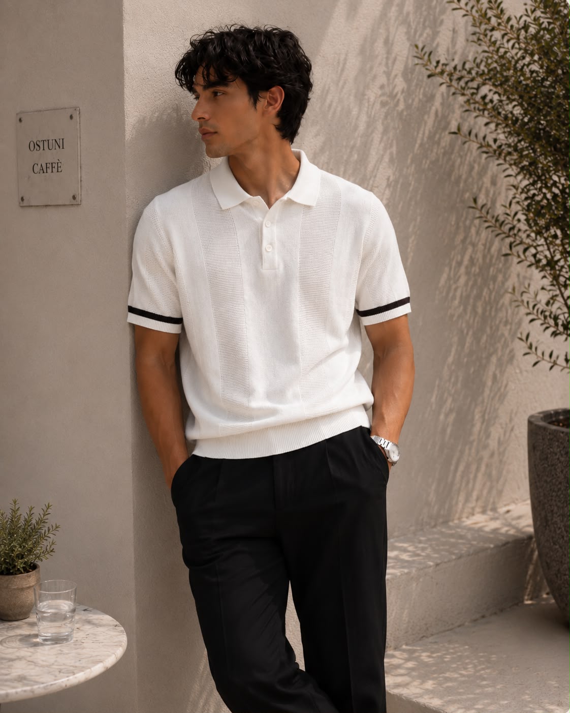 Bezoke Comfy White Polo – off-white open-knit polo with bold black contrast cuff tipping and button placket
