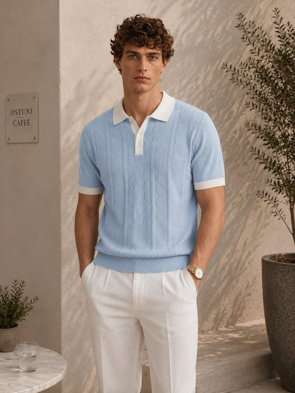 Eclipse Knit Sky Blue Polo – sky blue open-knit polo with contrast white collar and cuff tipping