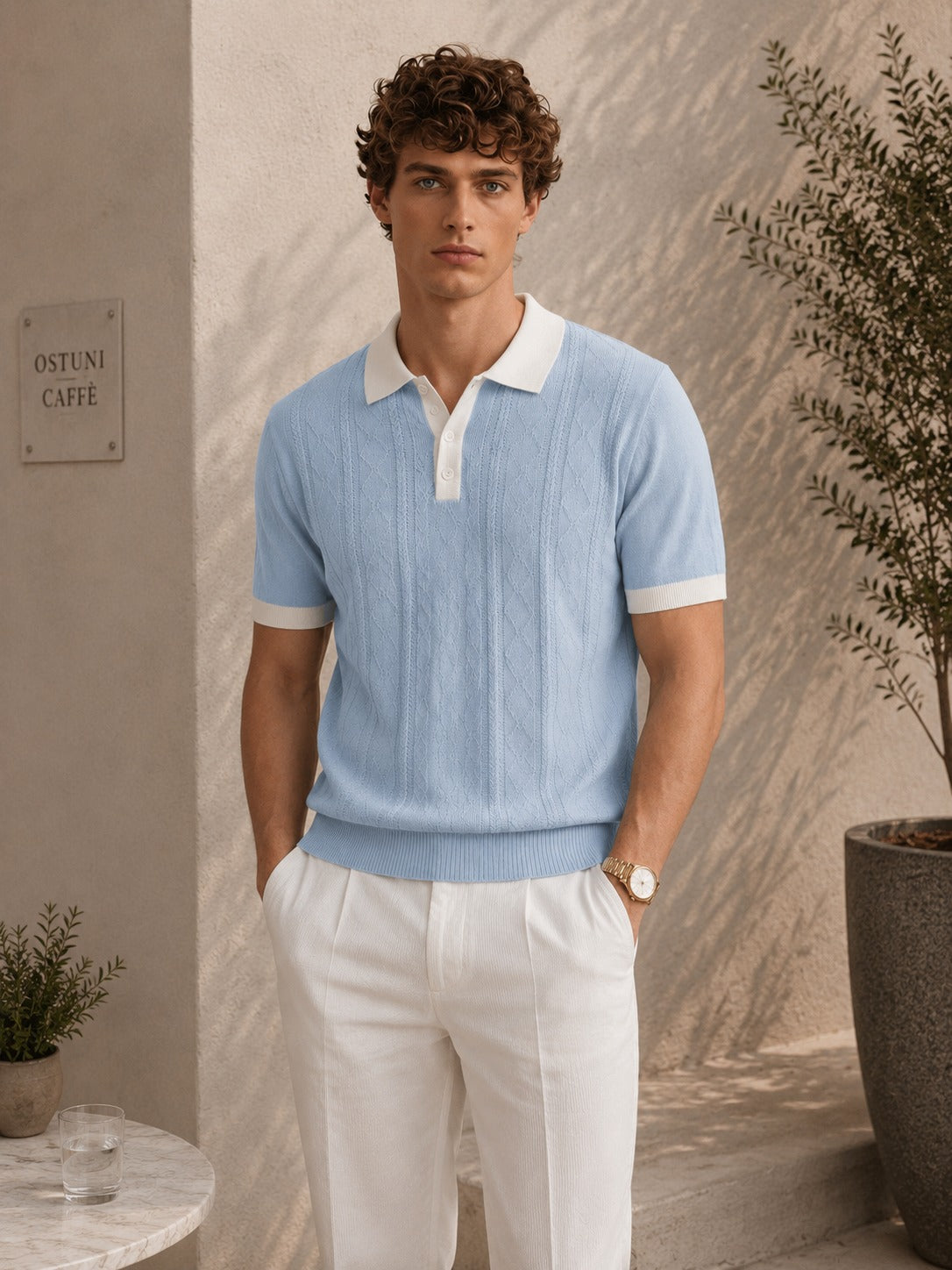 Eclipse Knit Sky Blue Polo – sky blue open-knit polo with contrast white collar and cuff tipping