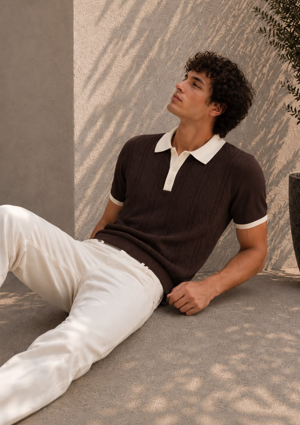 Eclipse Knit Brown Polo – espresso brown open-knit polo with contrast off-white collar and cuff tipping
