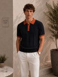 Eclipse Knit Navy Orange Polo – deep navy open-knit polo with burnt orange contrast collar and cuff tipping