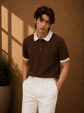 Coastal Knit Brown Polo – espresso brown open-knit polo with contrast off-white collar and cuff tipping