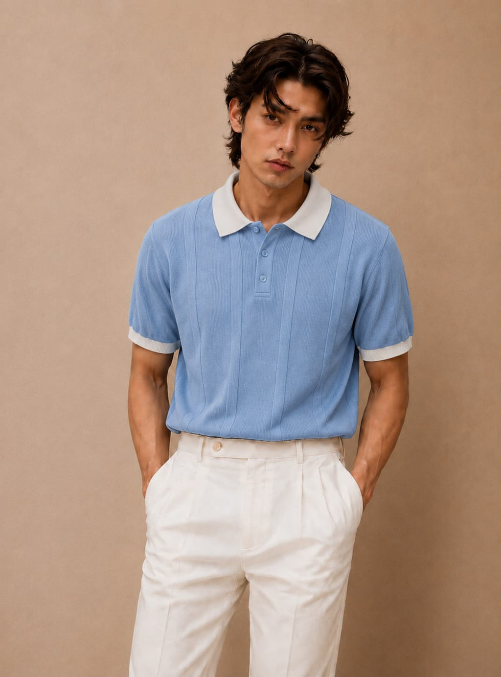 Sky Blue Cream Contrast Knit Polo by BEZOKE