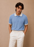Sky Blue Cream Contrast Knit Polo by BEZOKE