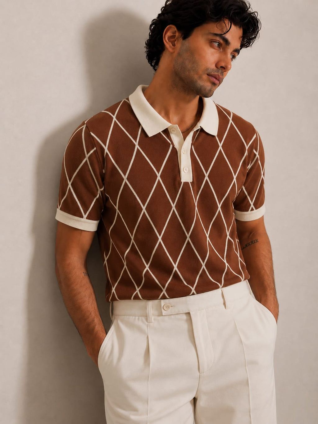 Brown Cream Diamond Knit Polo by BEZOKE