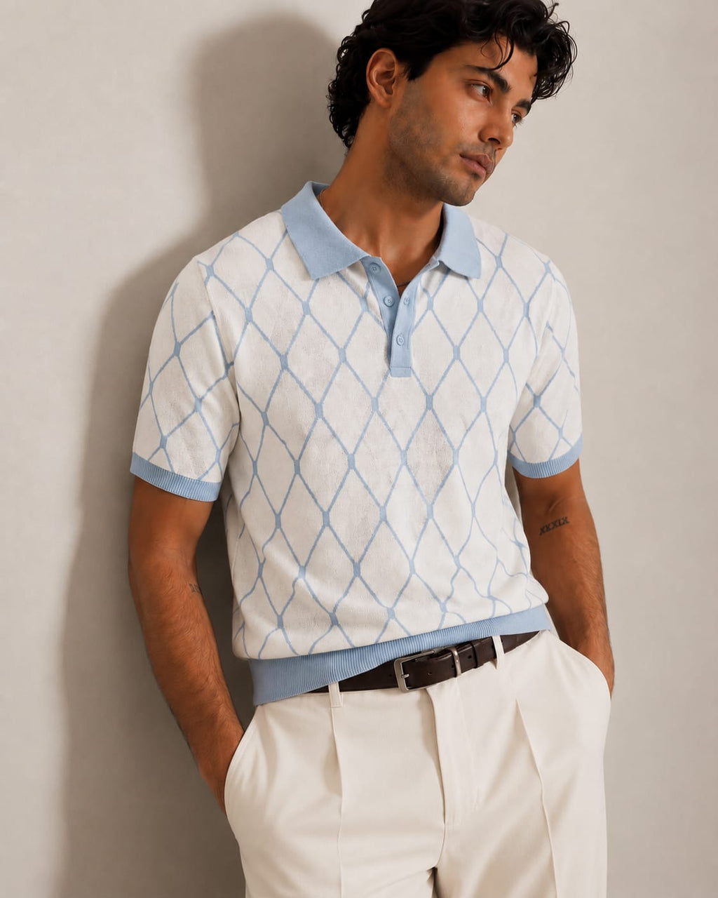 White Sky Blue Diamond Knit Polo by BEZOKE