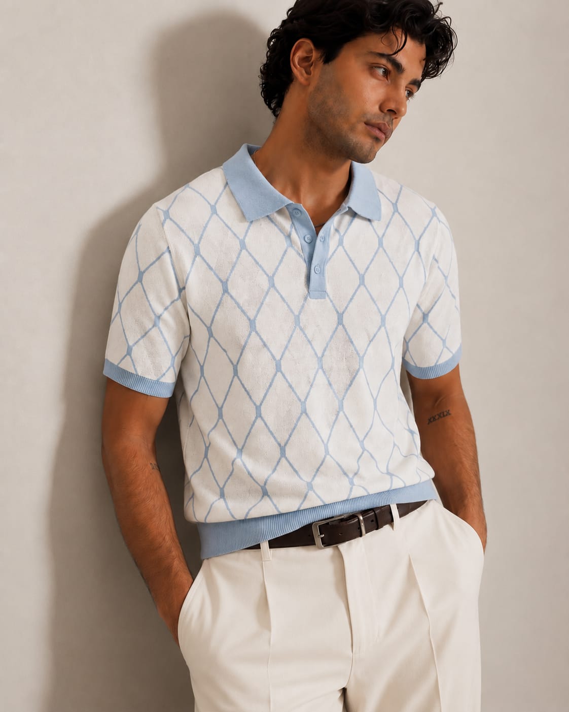 White Sky Blue Diamond Knit Polo by BEZOKE