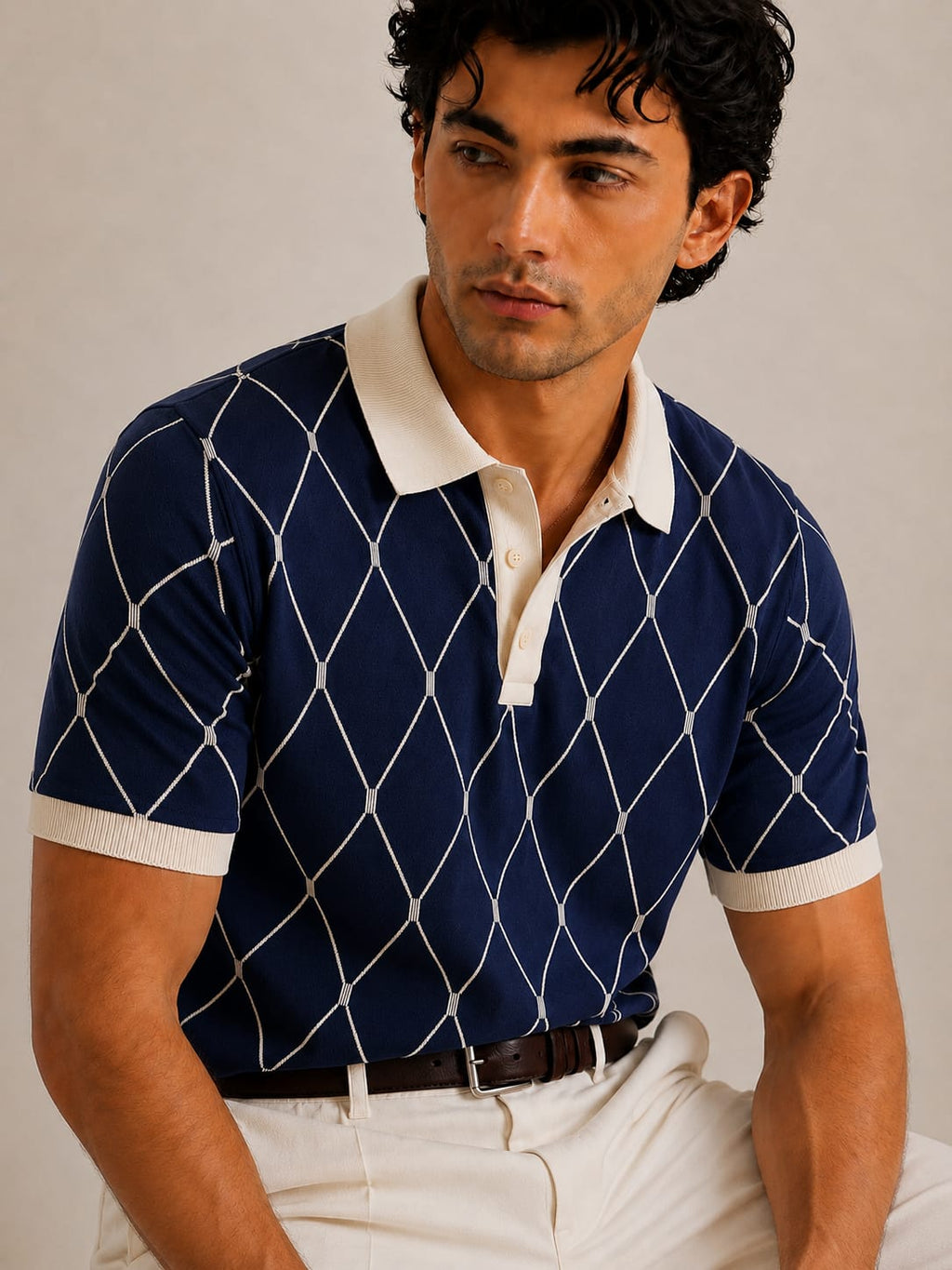Navy Cream Diamond Knit Polo by BEZOKE - Detail view