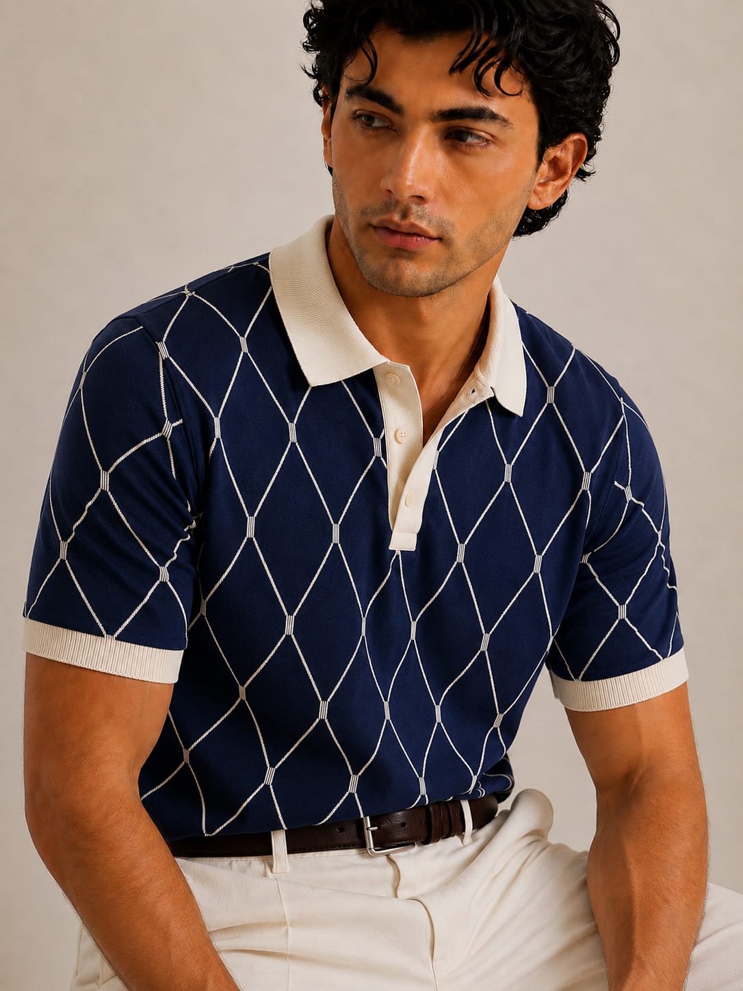 Navy Cream Diamond Knit Polo by BEZOKE - Detail view