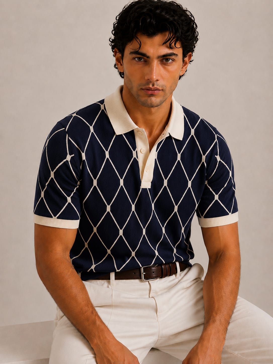 Navy Cream Diamond Knit Polo by BEZOKE - Front view